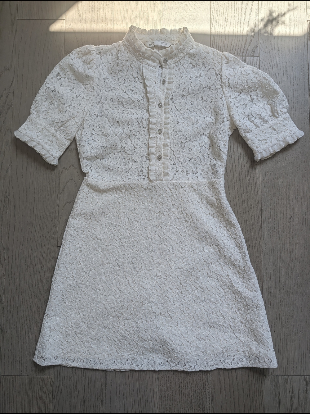 Zara White Lace Puff-Sleeve Mini Dress